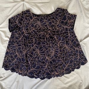 ZARA Basic Navy Blue and Light Pink Lace Short Sleeved Top